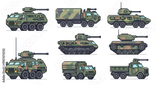 Pixel Art Military Vehicles, Tanks, Trucks, Armored Cars, War