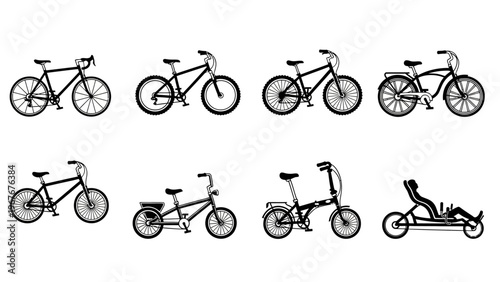 Collection of various bicycles and pedal-powered transportation modes in different styles and