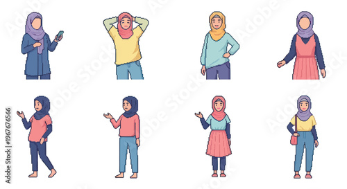 Diverse Flat Vector Illustration Set of Muslim Women Characters in Various Poses for Lifestyle