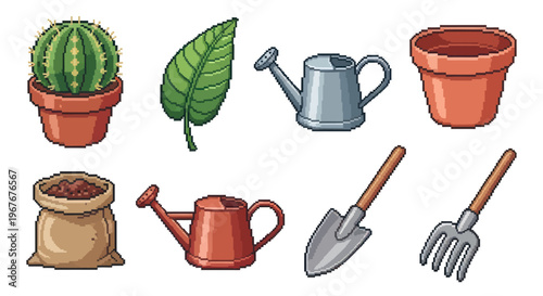 Pixel Art Gardening Tools and Plants Collection for Gardeners and Horticulture