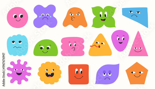Geometric characters set, blob shapes and expressive comic smiling childish faces. Abstract playful figures with eyes, emotions quirky forms. Fun modern cartoon geometry drawing happy face elements