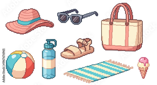 Vibrant Pixel Art Summer Beach Vacation Essentials Collection