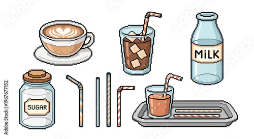 Food and Drink Pixel Art Cafe Beverages Set: Coffee, Milk, Sugar, and Straws Collection