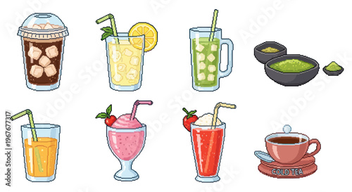 Pixeled Food  Drink Icons: Iced Beverages, Lemonade, Smoothies, and Tea Collection