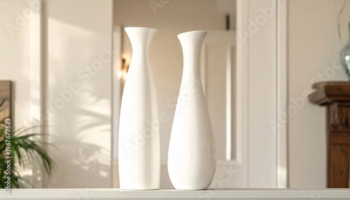 Two elegant white vases stand side by side, reflecting soft light in a minimalist interior setting, creating a serene and sophisticated atmosphere.