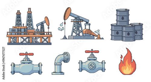 Flat Line Art Oil and Gas Industry Icons Set: Drilling Rigs, Pumpjacks, Barrels, Pipelines, Fire