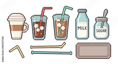 Food  Drink Pixel Art Set: Coffee, Iced Drinks, Milk, Sugar  Straws with Tray