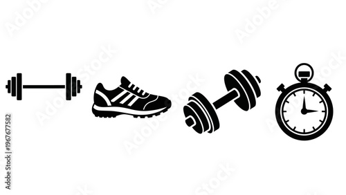 Fitness and Exercise Icons Representing Weightlifting Running and Timed Workout Sessions