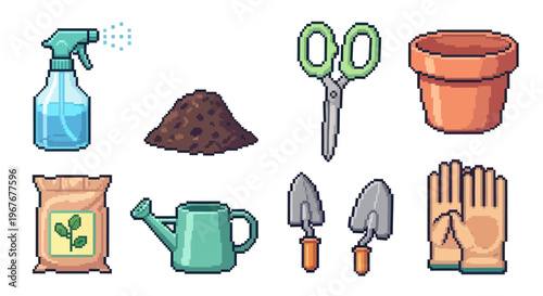 Gardening Tools and Supplies Pixel Art Icons Set for Home Garden and Horticulture