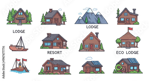 Hospitality  Tourism Lodge and Resort Buildings with Boats - Outline Style Illustration Set