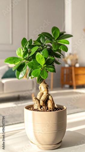 Vibrant Ficus Ginseng Bonsai Tree Bathed in Sunlight Indoors.