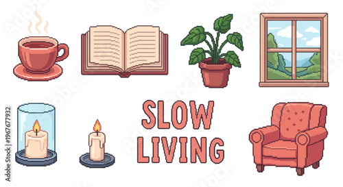 Slow Living Cozy Home Lifestyle Pixel Art Icon Set with Tea, Book, Plant, Candles, Window, Armchair