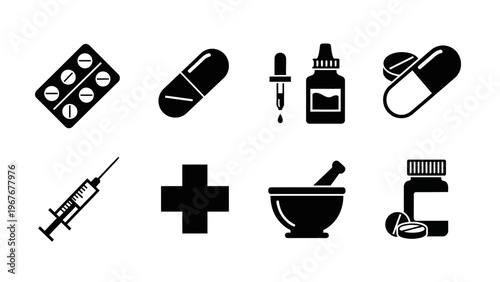 Medical and Pharmaceutical Icons Set Featuring Pills Syringes and First Aid Cross