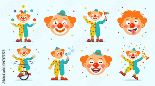 Collection of Cheerful Clown Illustrations for Festive Celebrations.