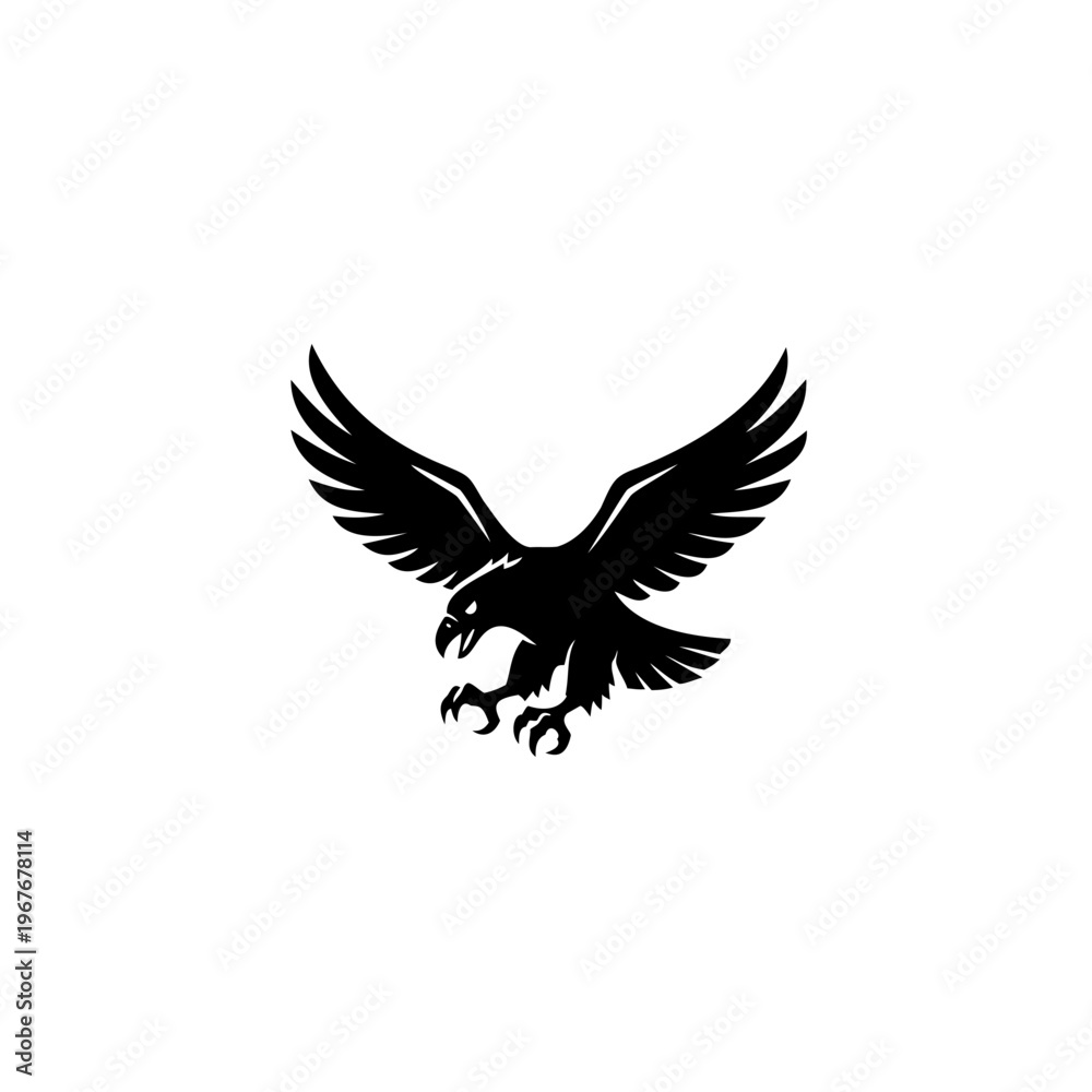 Fototapeta premium Black eagle silhouette with wings spread and sharp claws, powerful bird of prey illustration isolated on white background
