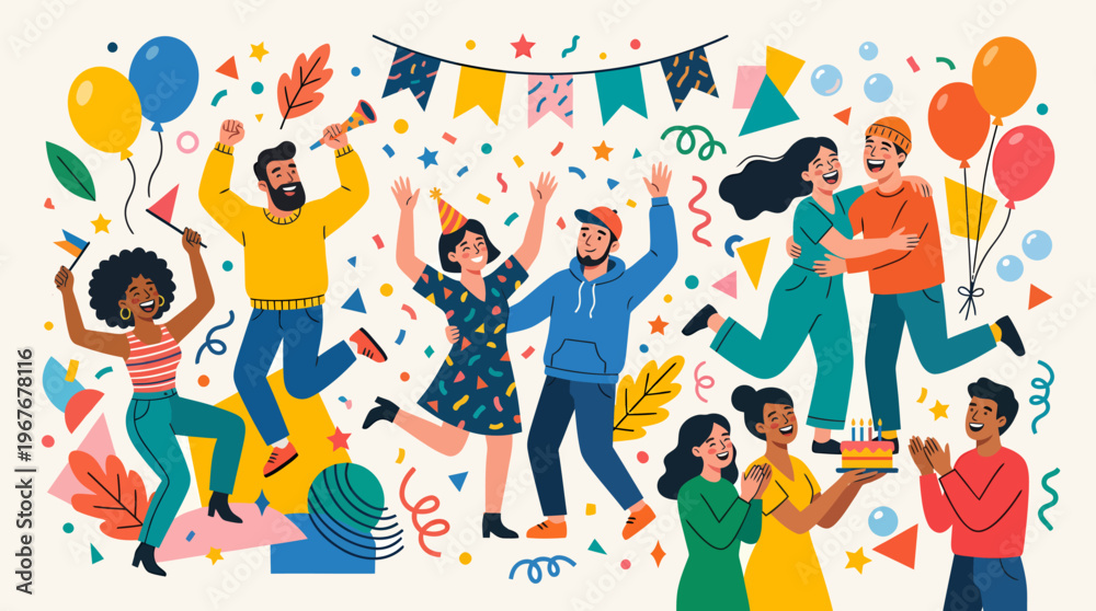 Fototapeta premium Joyful Celebration - Diverse Group Enjoying a Lively Party with Balloons and Confetti.