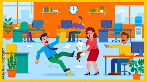 Office Accident - Man Slipping, Coffee Spill, and Coworker Reaction.