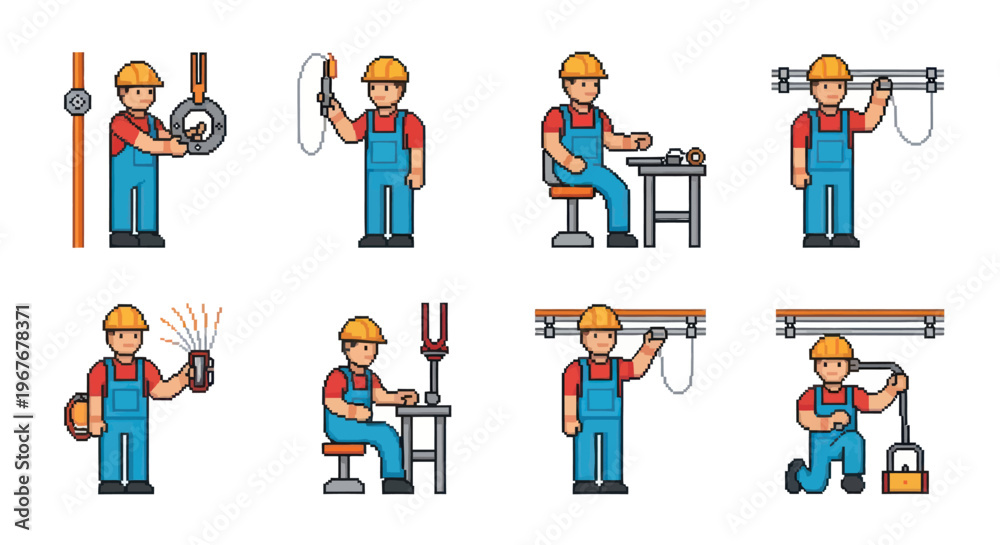 Fototapeta premium Flat Vector Industrial Electrical Engineer Technician Worker Icon Set