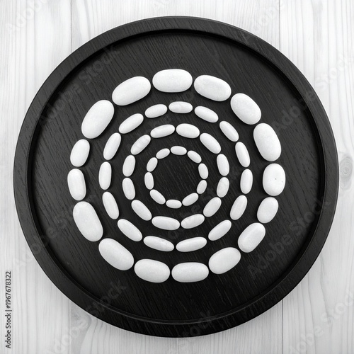White Stones Arranged in a Spiral Pattern on a Black Circular Tray.
