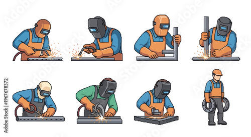 Industrial Welders and Metalworkers Cartoon Vector Illustration Set
