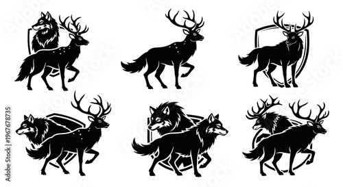Hunting Wildlife Emblems: Black  White Stylized Deer and Wolf Silhouettes for Outdoor Graphics