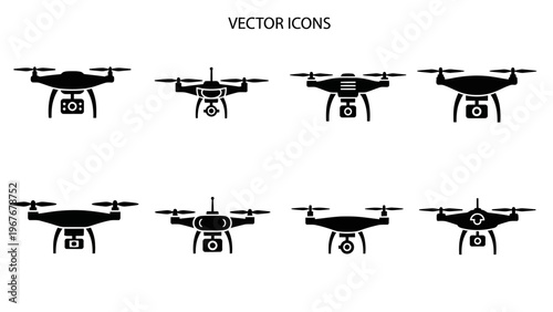 Set of black drone vector icons with remote control illustrations for technology and entertainment