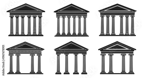 Finance, Law, and Education Black  White Glyph Icons of Classical Building Facades