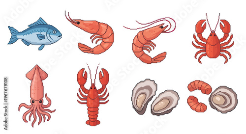 Cartoon Flat Seafood Set: Fish, Shrimp, Lobster, Crab, Squid  Oysters for Food Industry