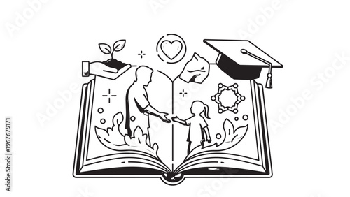 Creative Illustration Depicting Education and Learning Concepts in a Book.