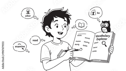 Young boy reading vocabulary book with speech bubbles and icons.