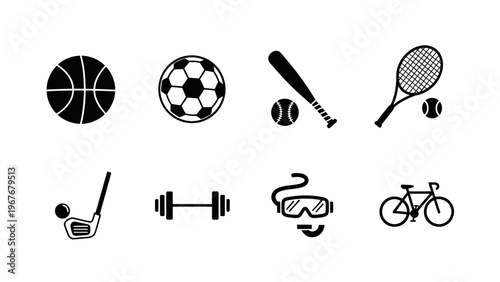 Sports and Fitness Icon Set Featuring Basketball Soccer Tennis Biking and Exercise Equipment