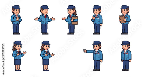 Pixel Art Delivery Service Staff Characters Sprite Set for Logistics Industry