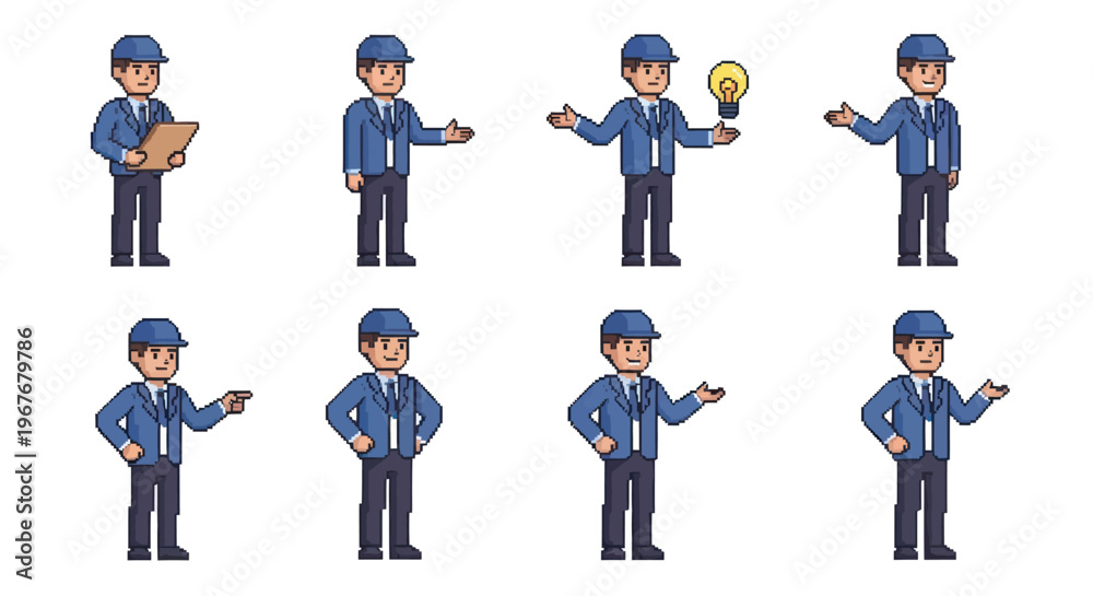 Fototapeta premium Pixel Art Engineer Character Set with Various Gestures for Technical and Construction Industries
