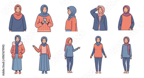Diverse Muslim Hijabi Women Flat Vector Illustration Set for Lifestyle and Fashion
