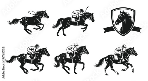Monochrome Vector Illustrations of Equestrian Horse Racing, Jockeys, Horses, and Emblem
