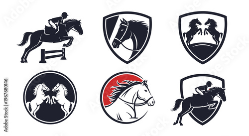 Equestrian Horse Logos Collection Vector Silhouette Graphics: Horse Jumping, Heads, and Pair Designs