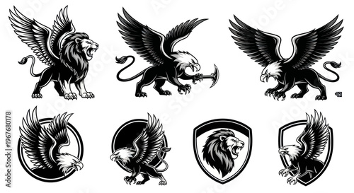 Mythical Griffin and Eagle Emblems - Powerful Heraldry Black and White Vector Art Collection