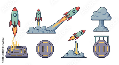 Pixel Art Space Rocket Launch Elements and Explosion Icon Set