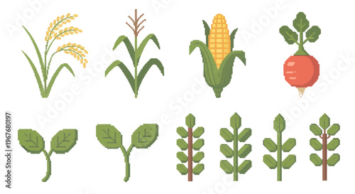 Pixel Art Agriculture Crops Collection: Rice, Corn, Radish, Sprouts, Farm Plants