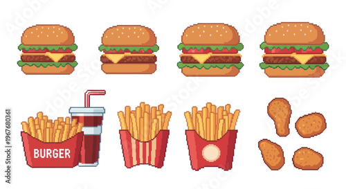 Pixel Art Fast Food Set: Burgers, French Fries, Soda, and Chicken Nuggets Collection