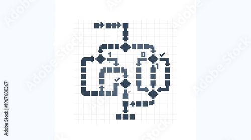 Abstract blue flowchart representing a logical process with various symbols and connections on a grid background