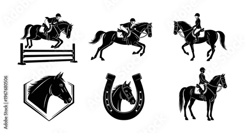 Equestrian Horse Riding Silhouettes: Sport Horses, Jockeys, and Horseshoe Vector Glyphs Set