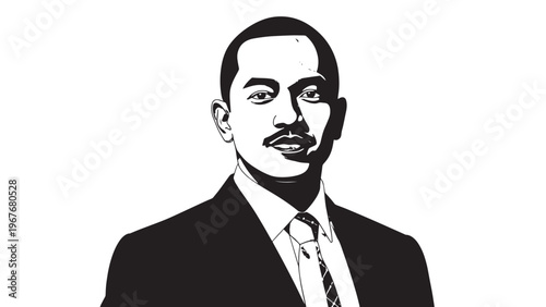 Black and White Portrait of a Man in Formal Attire with Short Hair and Mustache.