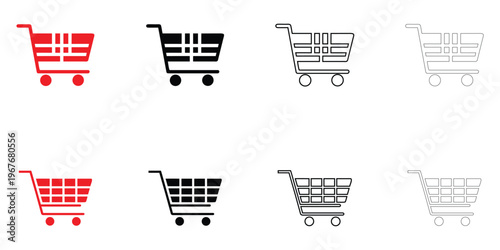 Shopping cart symbol vector icon set, e commerce shopping cart vector, silhouette and line art illustration
