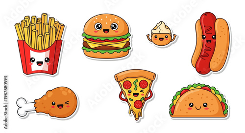Cute Cartoon Fast Food Icons with Happy Faces Burger Fries Pizza Taco Hot Dog Chicken.