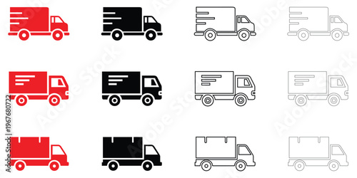 Shipping delivery truck symbol vector icon set, fast shipping delivery van vector, silhouette and line art illustration