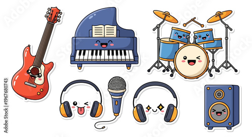Cute Cartoon Musical Instruments Set with Happy Faces and Accessories.