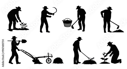 Agriculture Farmers Working Silhouettes with Farm Tools Vector Set