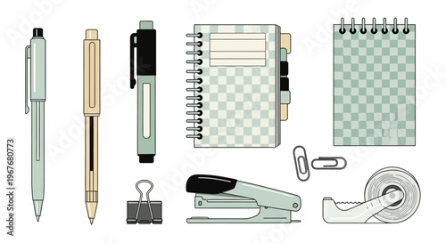 Minimalist Flat Illustration of Office Stationery Supplies in Pastel Tones.