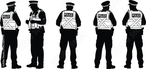 Police officer silhouettes set showing front back and side views isolated on white background law enforcement uniform illustration